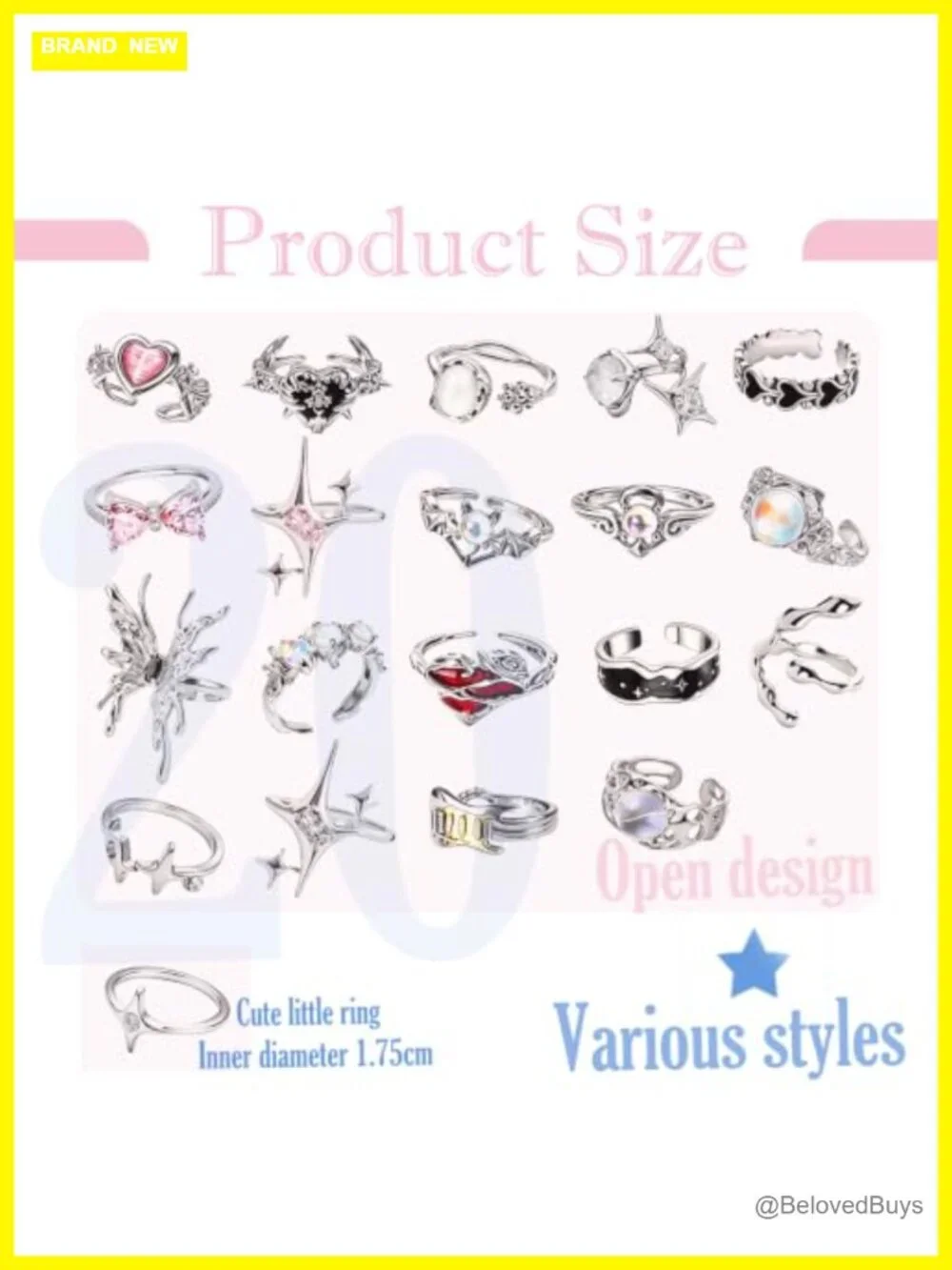 20 Piece Y2k Silver Tone Alloy Ring Set Adjustable Stackable Statement Rings